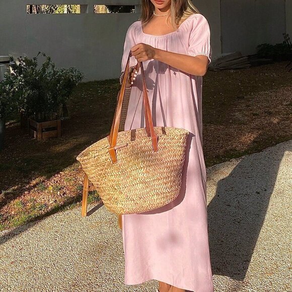 Pink Elegant Women's Summer Solid Color Off-Shoulder Short Sleeve Loose Dress - Picture 3 of 7